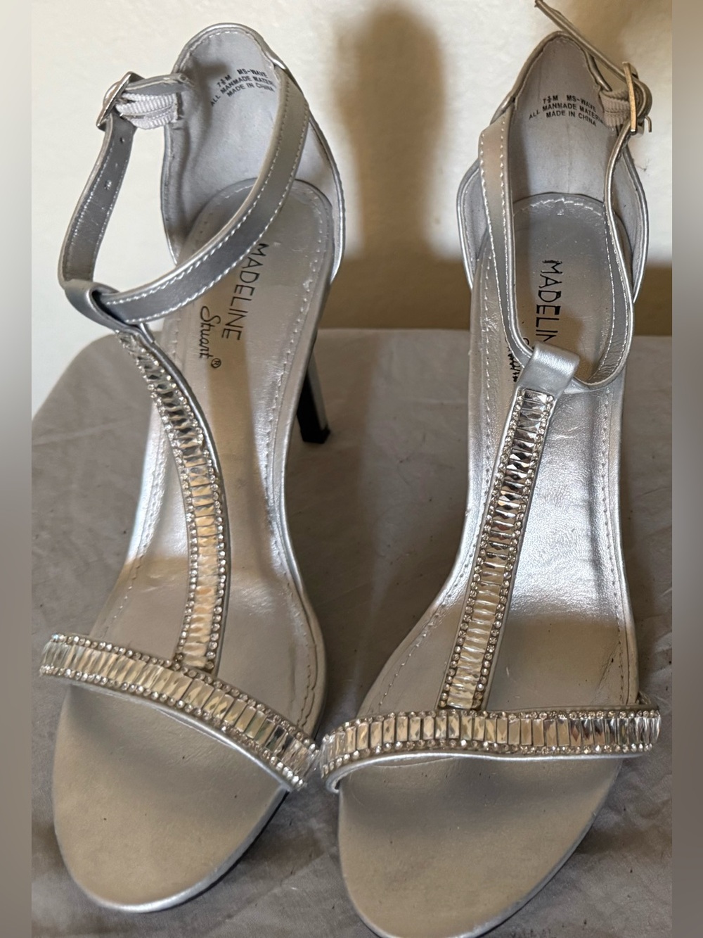 Madeline Silver Crystal T-Strap Heeled Sandals